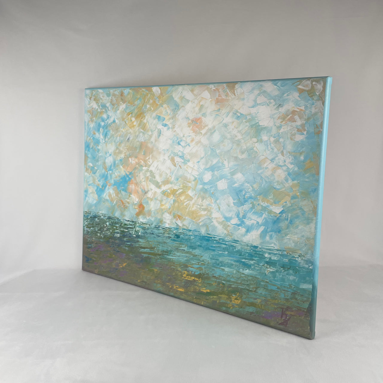 Misty morning... Art, decor, optimistic original signed large wetland sky landscape painting on canvas