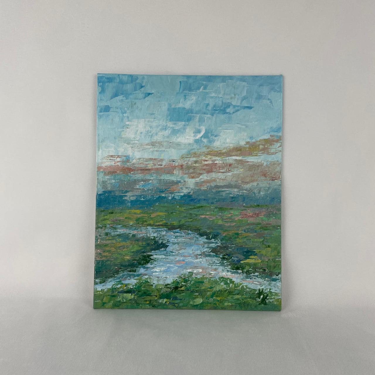 River meadow... Optimistic original river landscape painting on canvas