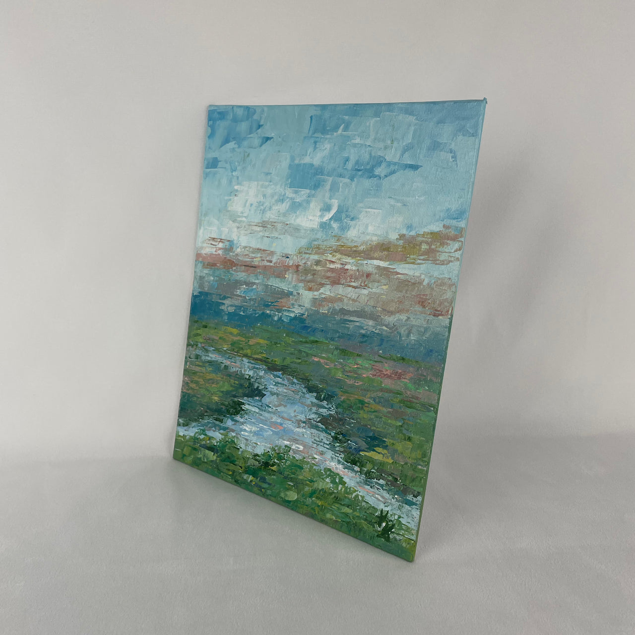 River meadow... Optimistic original river landscape painting on canvas