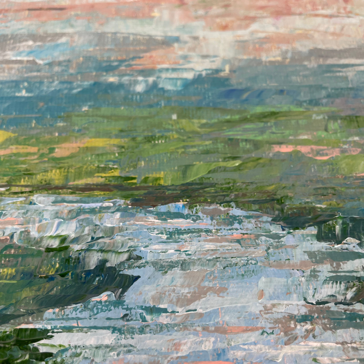 River meadow... Optimistic original river landscape painting on canvas