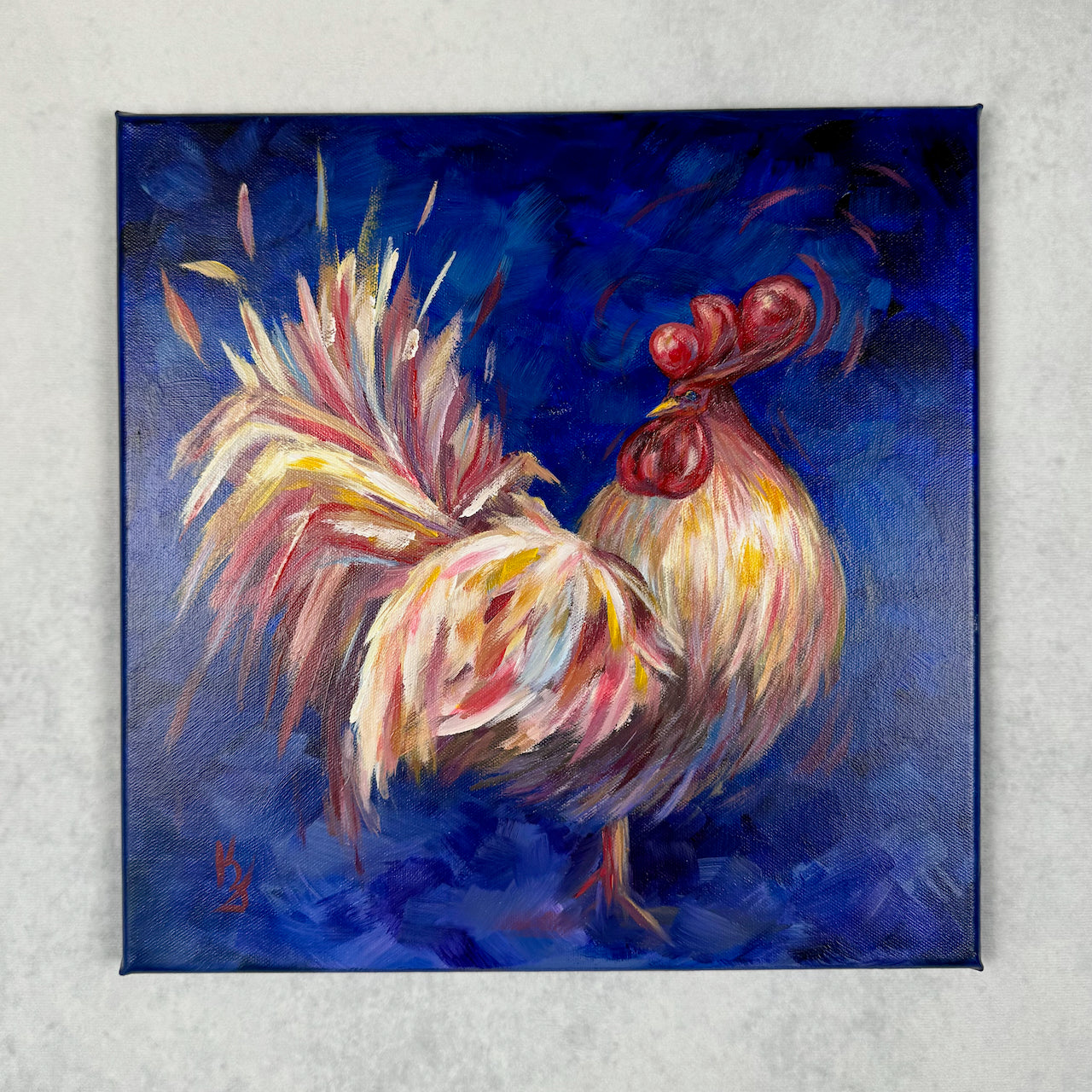Rooster. Ultramarine. Optimistic Original Painting on Canvas Signed Wall Art Home Decor or Print