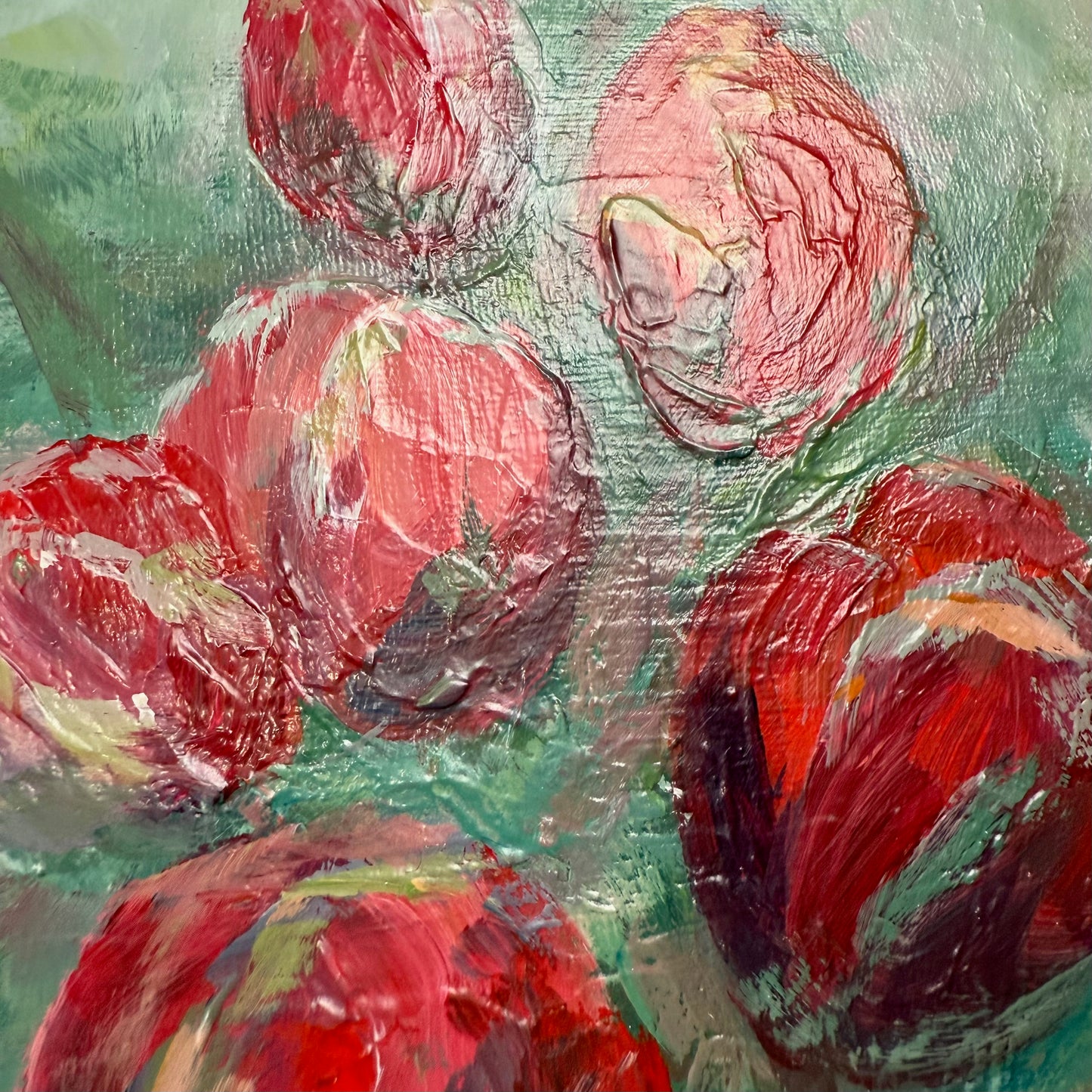 Tulips in red shades. Wall art, optimistic original textured flowers painting on canvas, red, green