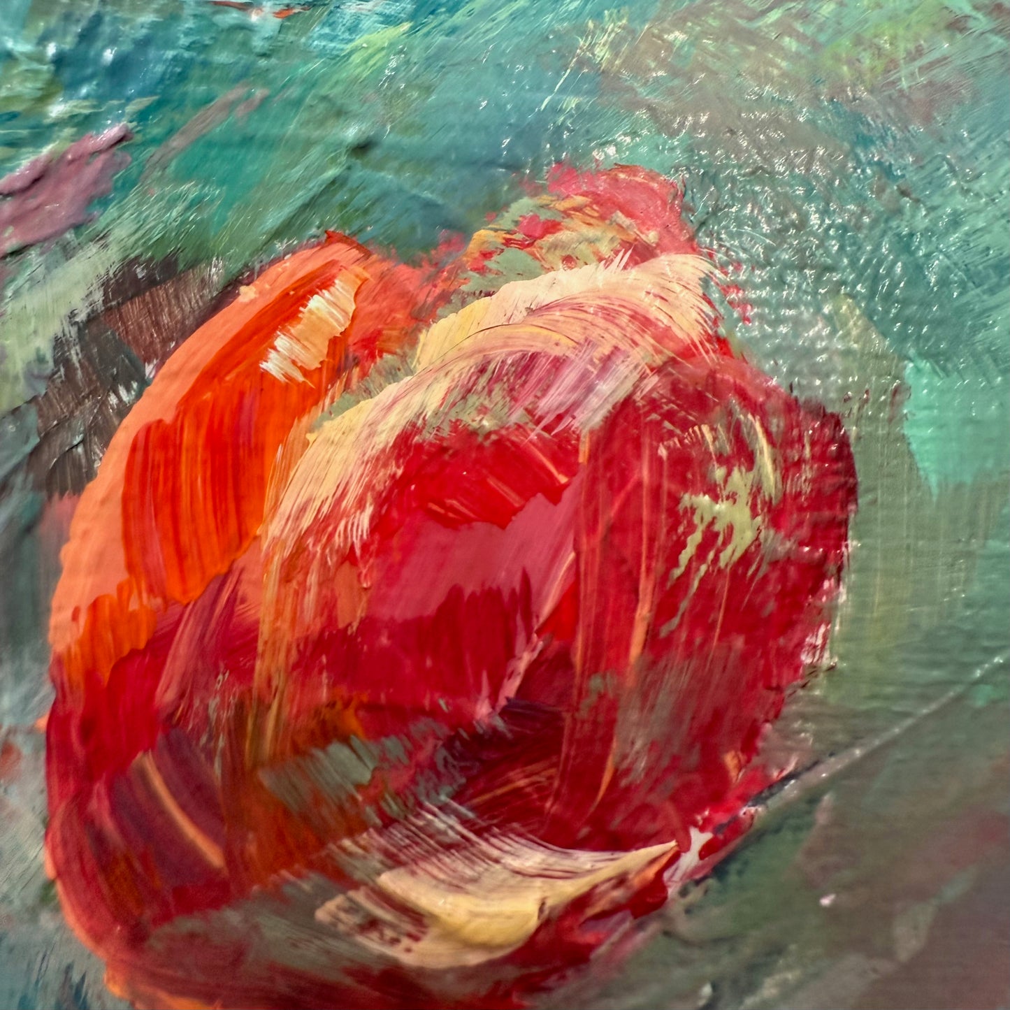Tulips in red shades. Wall art, optimistic original textured flowers painting on canvas, red, green