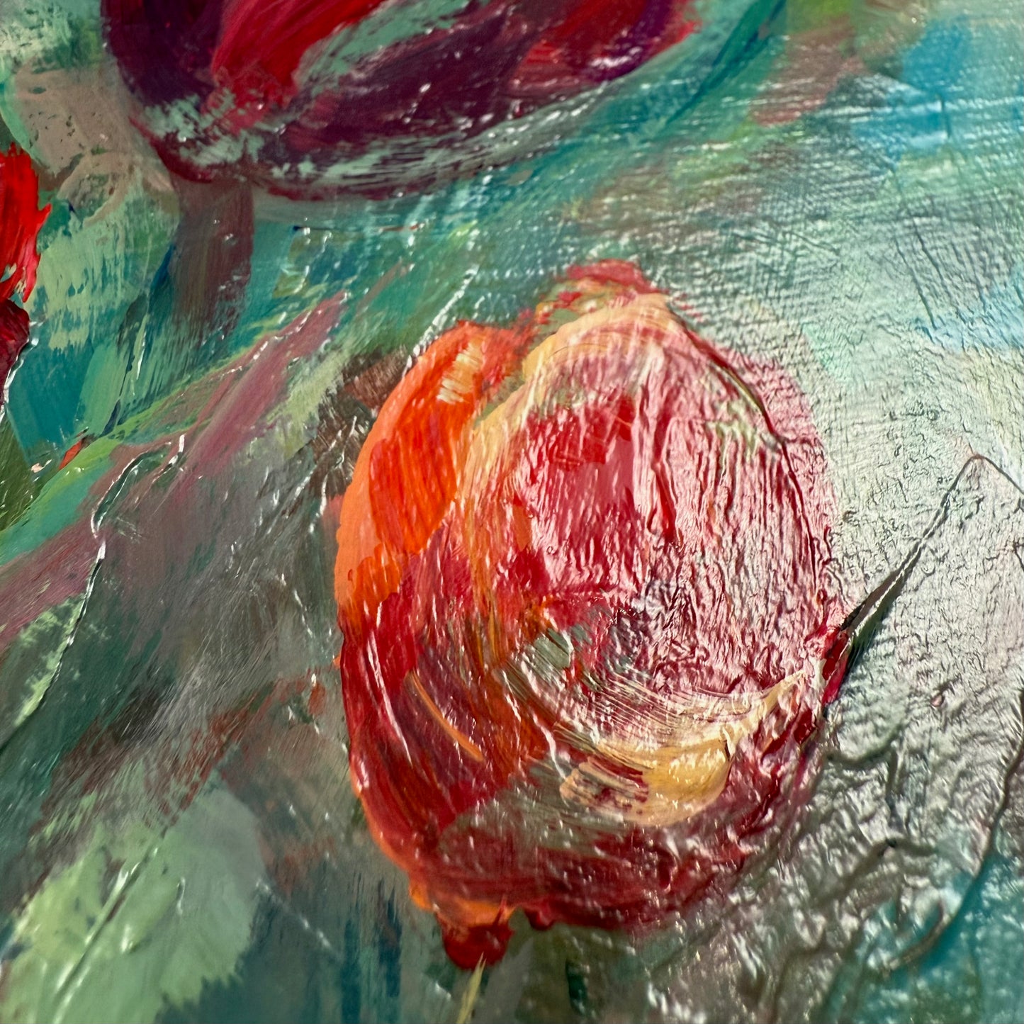 Tulips in red shades. Wall art, optimistic original textured flowers painting on canvas, red, green