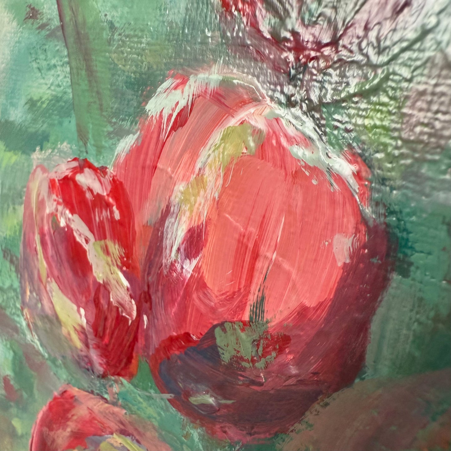 Tulips in red shades. Wall art, optimistic original textured flowers painting on canvas, red, green