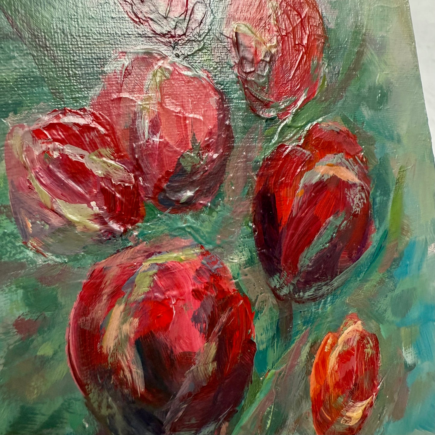 Tulips in red shades. Wall art, optimistic original textured flowers painting on canvas, red, green