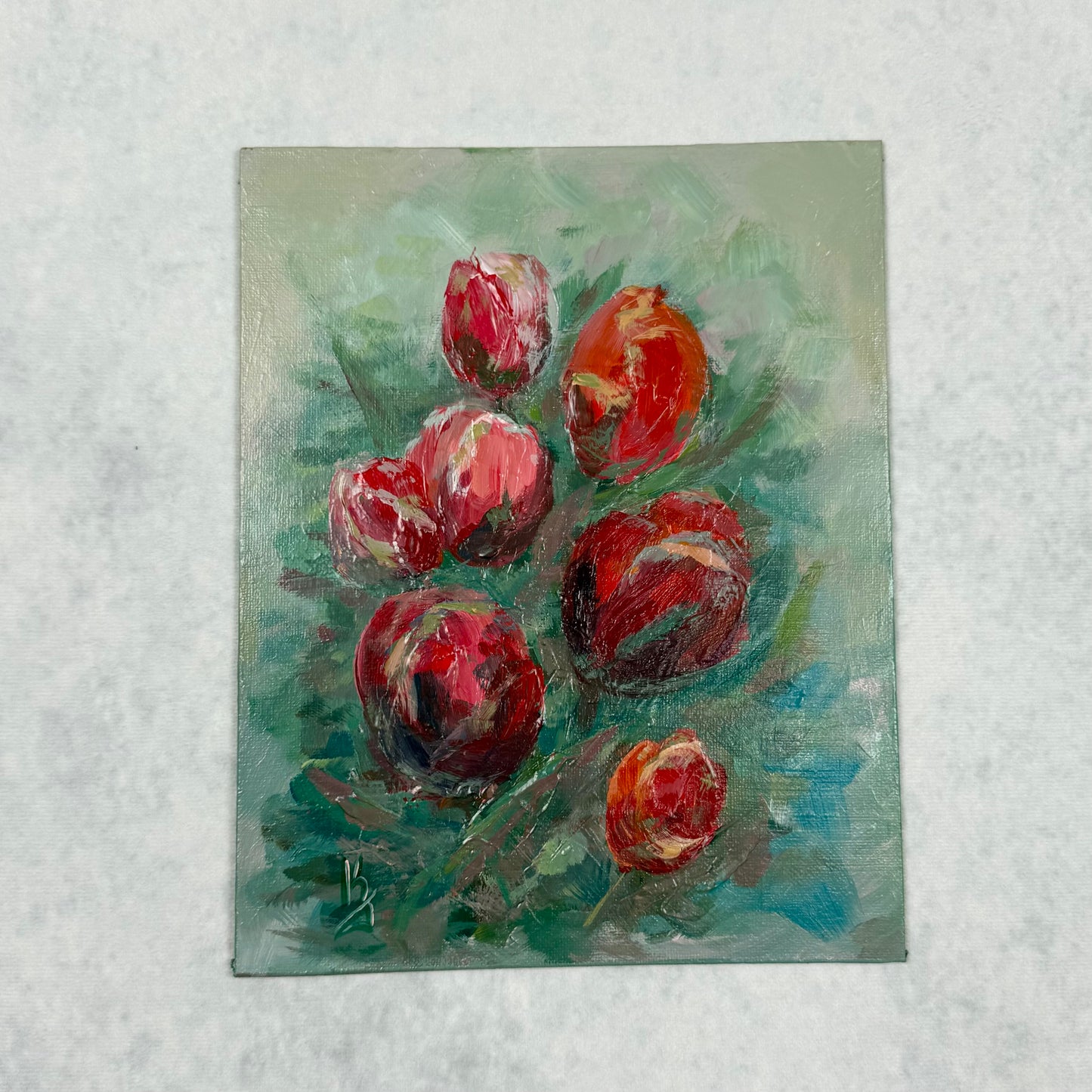 Tulips in red shades. Wall art, optimistic original textured flowers painting on canvas, red, green