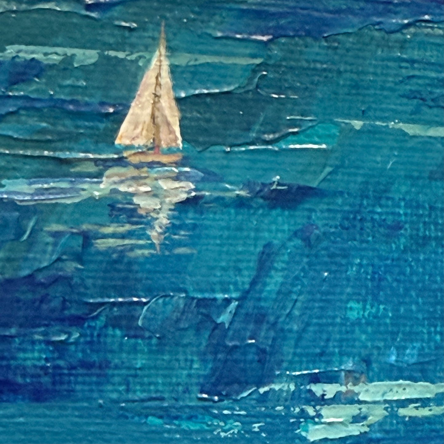 Teal water. Sailboat... Optimistic original abstract seascape ocean sailboat painting on canvas