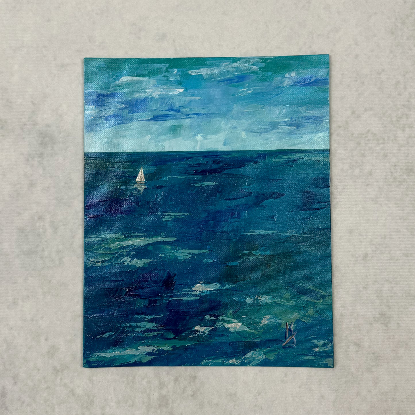 Teal water. Sailboat... Optimistic original abstract seascape ocean sailboat painting on canvas
