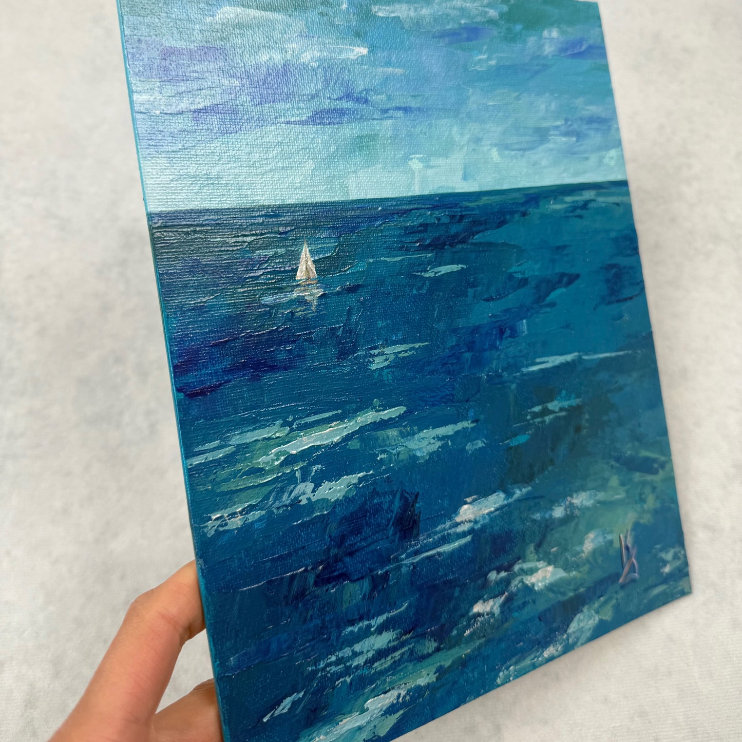 Teal water. Sailboat... Optimistic original abstract seascape ocean sailboat painting on canvas