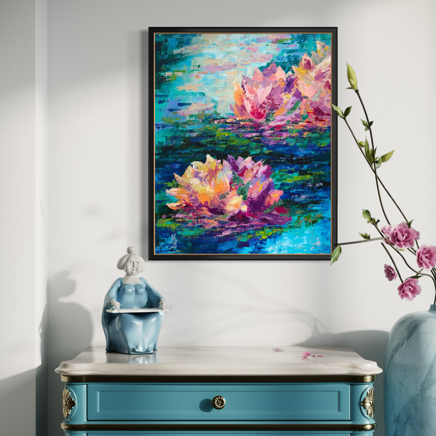 Lily pond. Cyan blue. Print