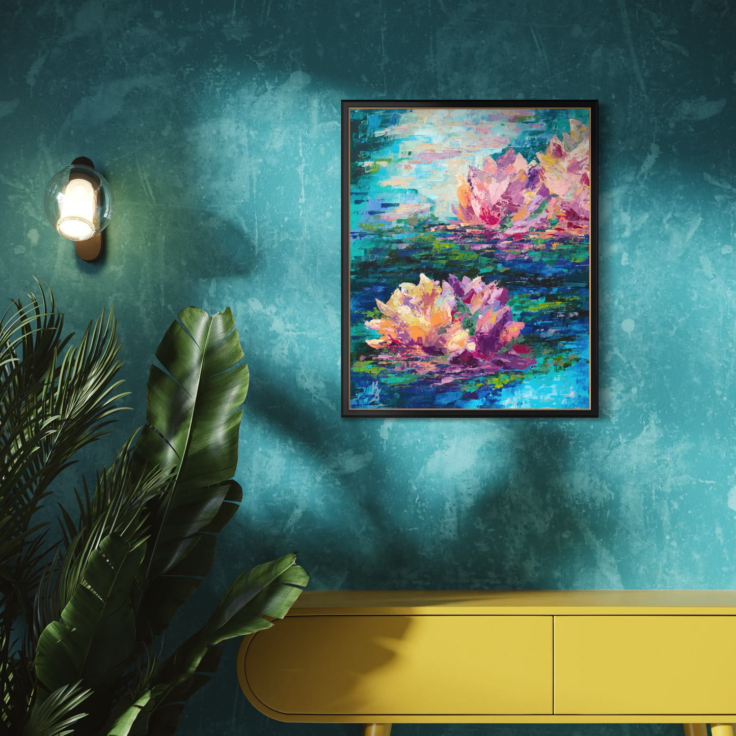 Lily pond. Cyan blue. Print