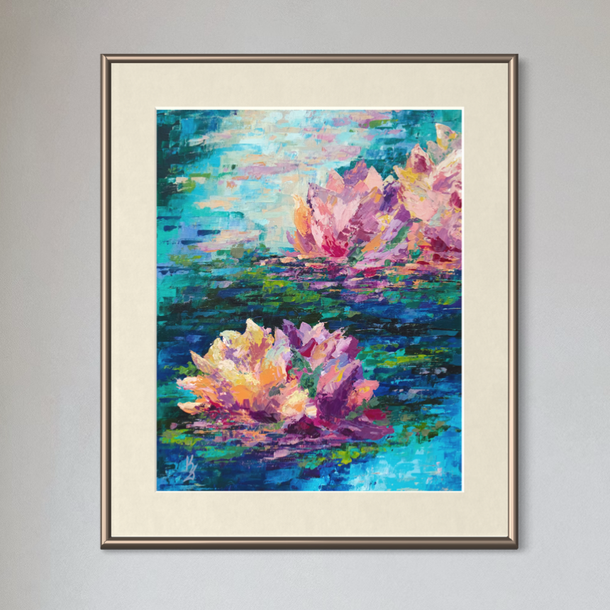 Lily pond. Cyan blue. Print
