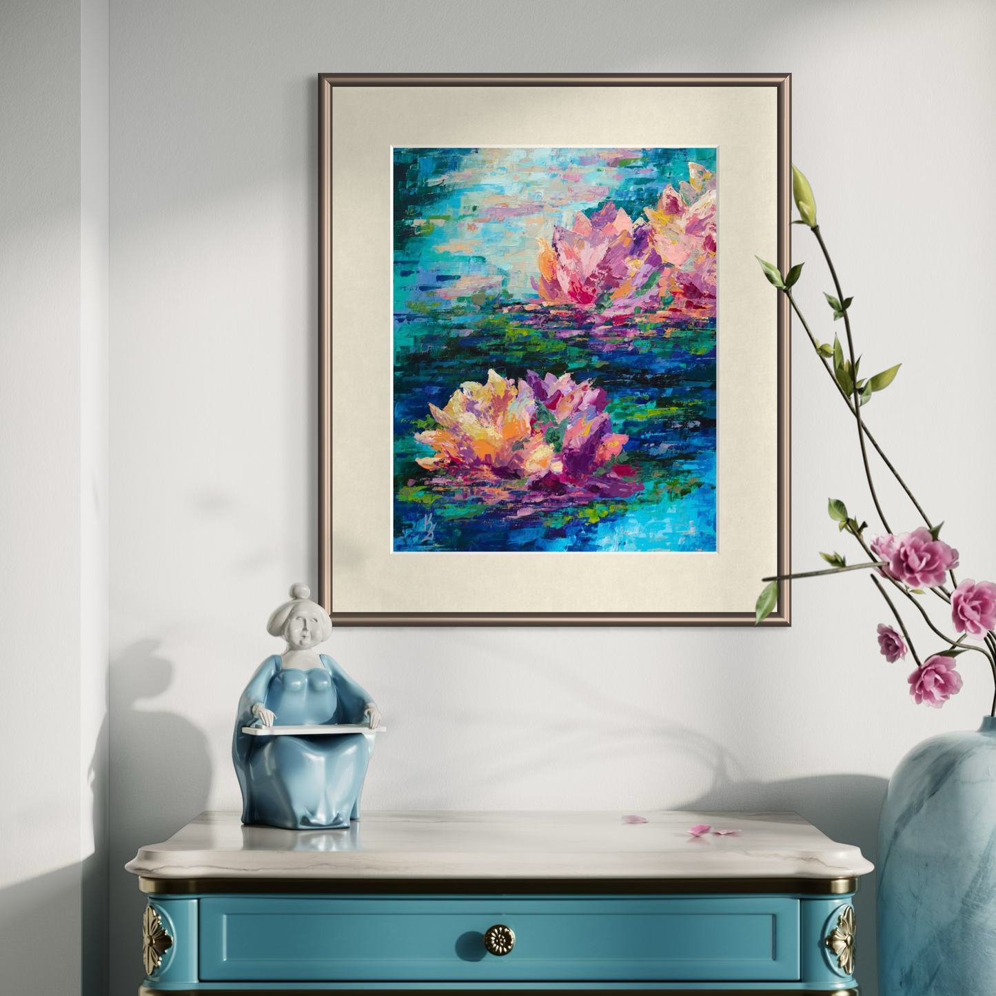 Lily pond. Cyan blue. Print
