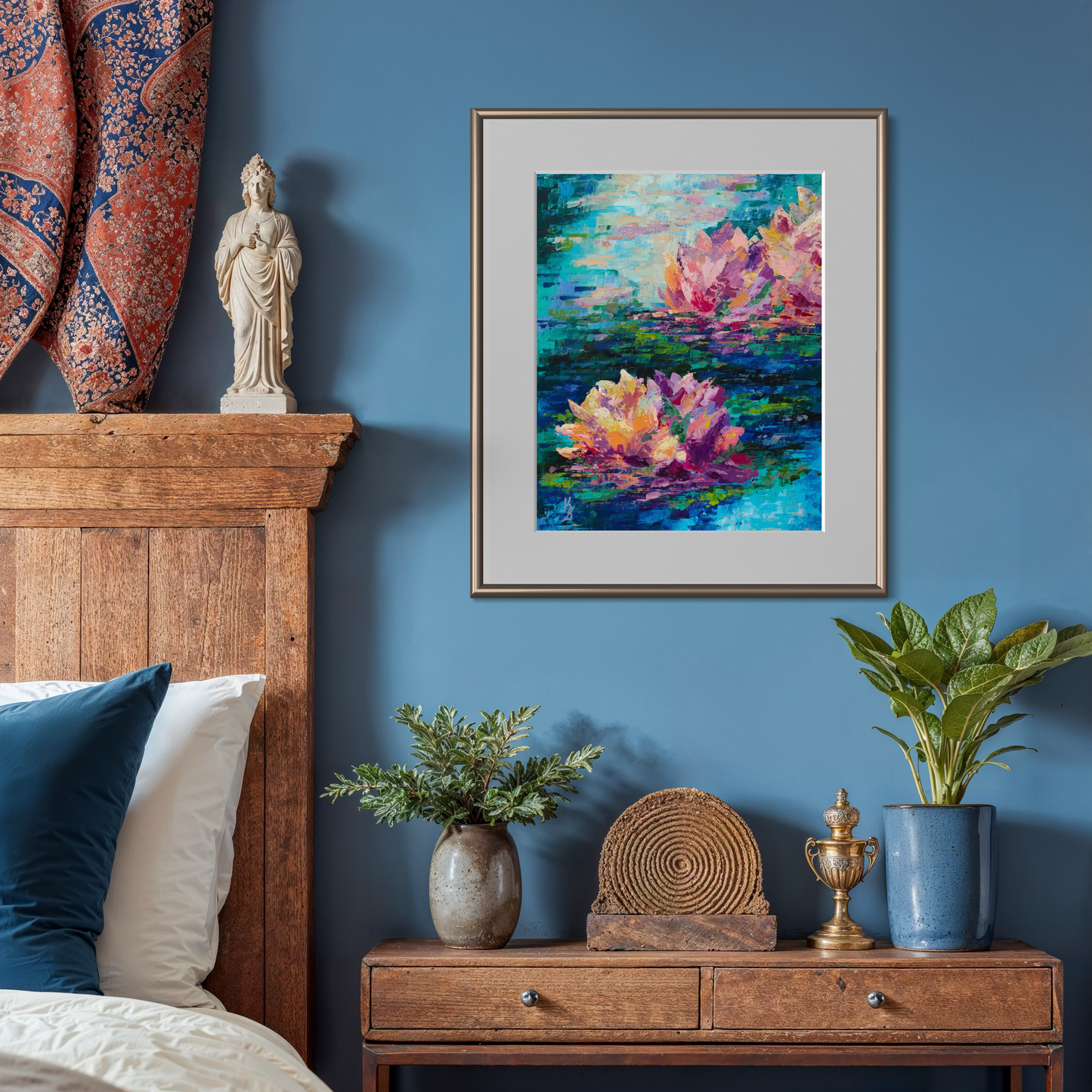 Lily pond. Cyan blue. Print