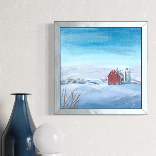 Red Barn in snowy hills. Print