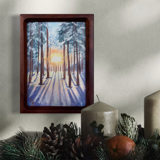 Winter sunset. White pines