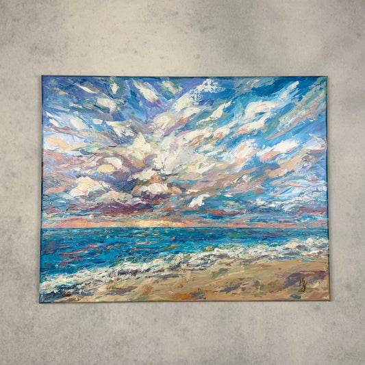 Bright horizon. Art, wall decor, optimistic original large textured ocean clouds sand blue purple beige signed painting on canvas