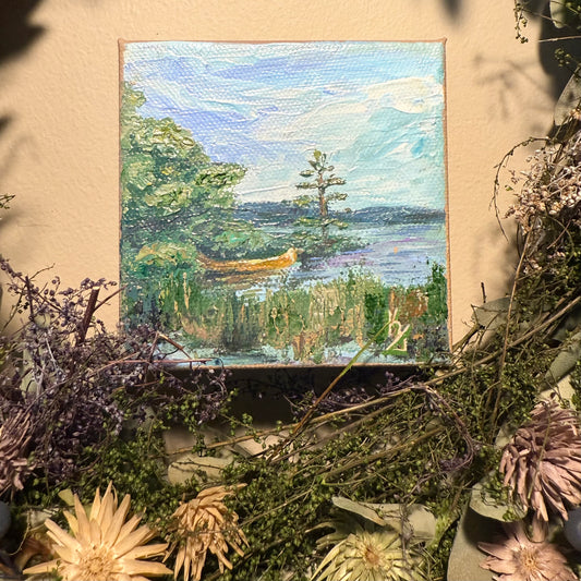 Voyageurs. Rainy Lake. Wall art, shelf decor, small original signed textured painting