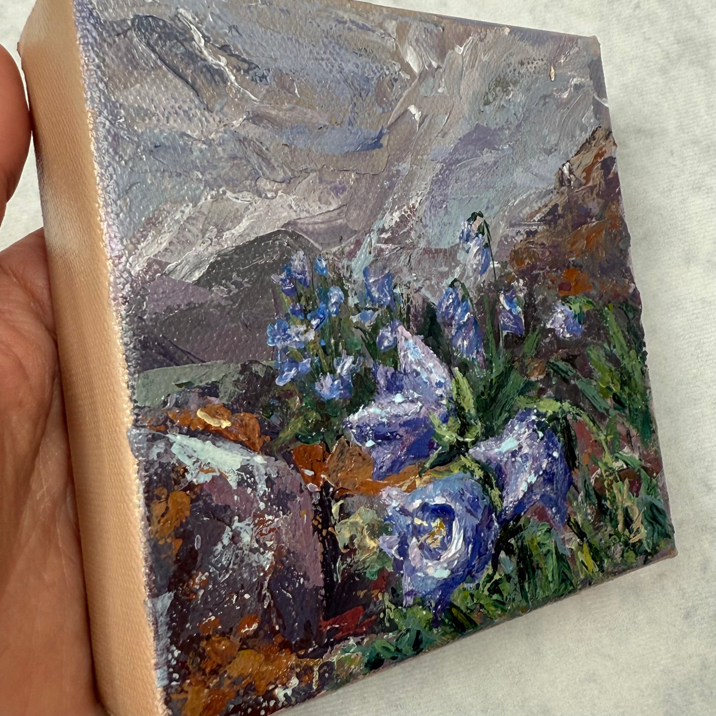 Bellflowers and Lichen. Wall art, shelf decor, small original signed textured painting