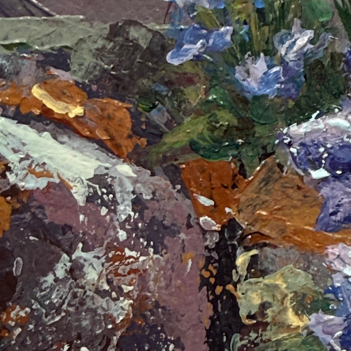Bellflowers and Lichen. Wall art, shelf decor, small original signed textured painting