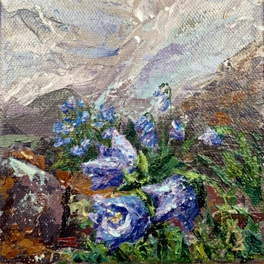 Bellflowers and Lichen. Wall art, shelf decor, small original signed textured painting
