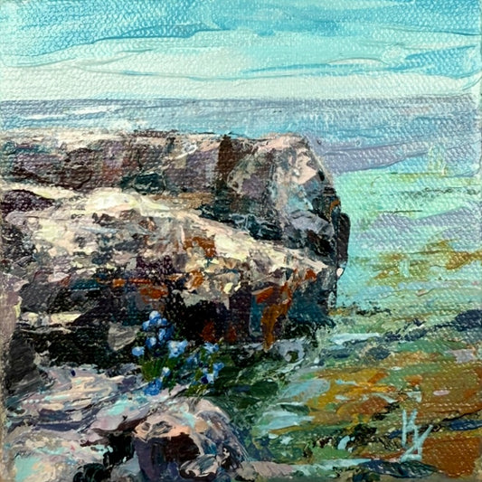 Bellflowers and Endless water. Wall art, shelf decor, small original signed textured painting