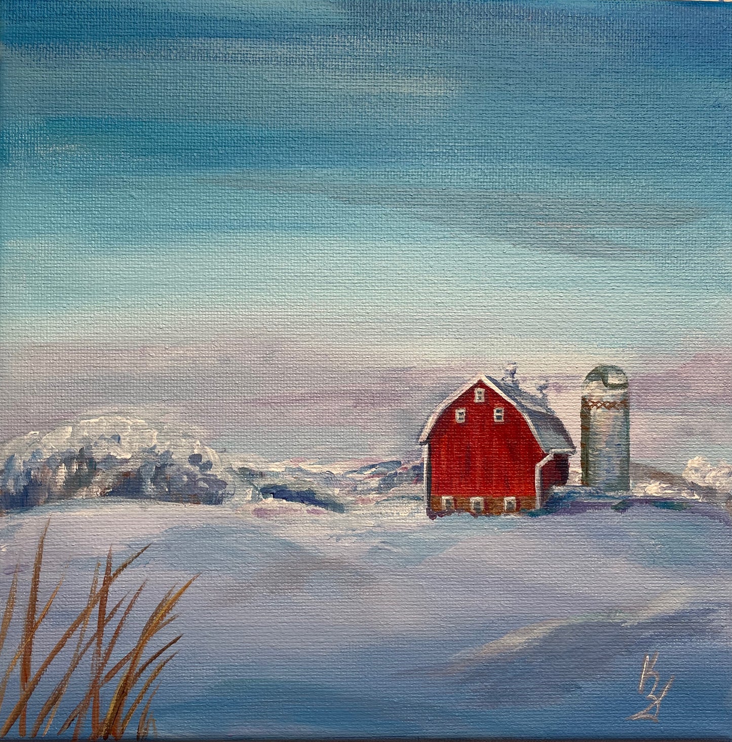 Red Barn in snowy hills. Print