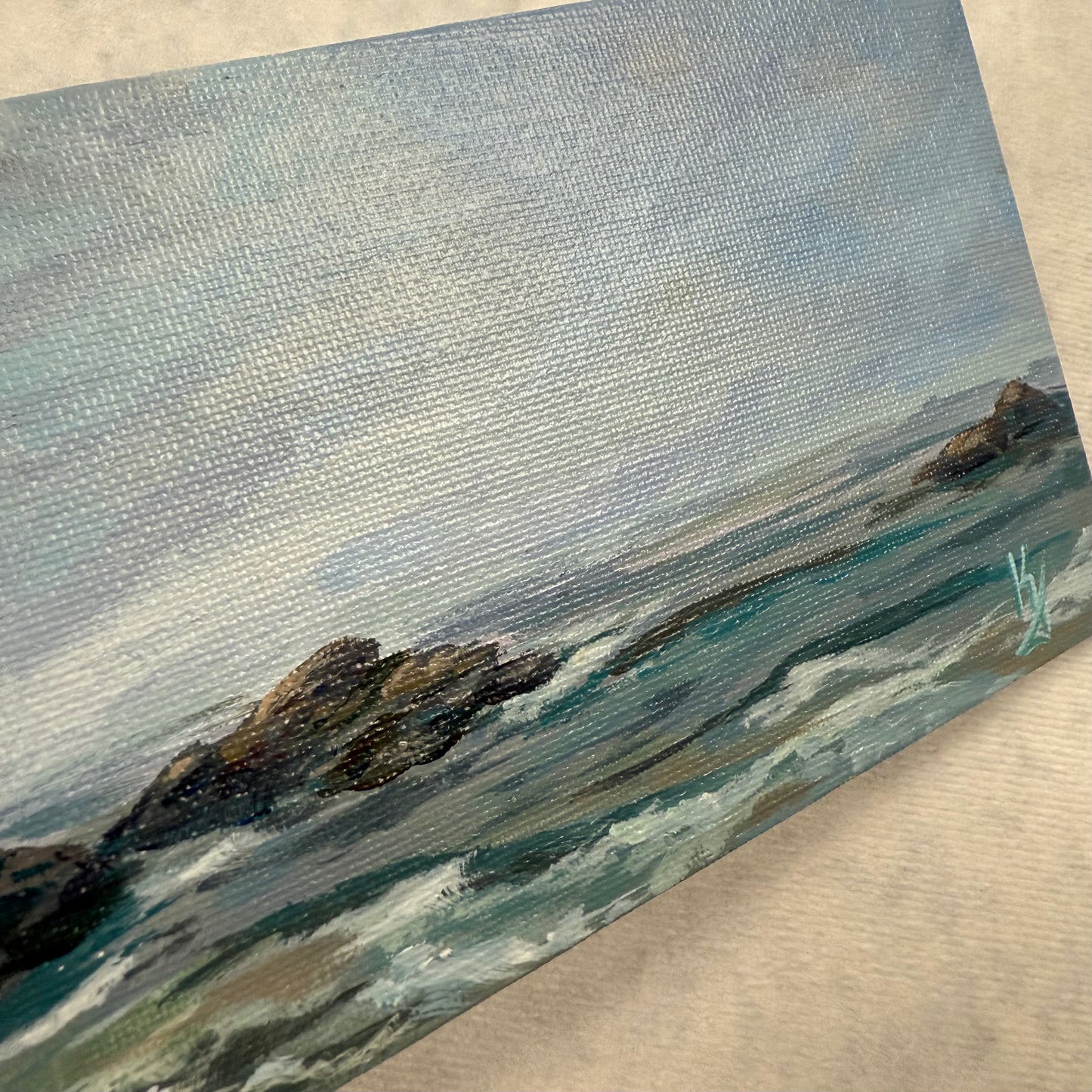 Big water. Haze. Art, decor, original optimistic small painting on canvas, blue, shore, grey