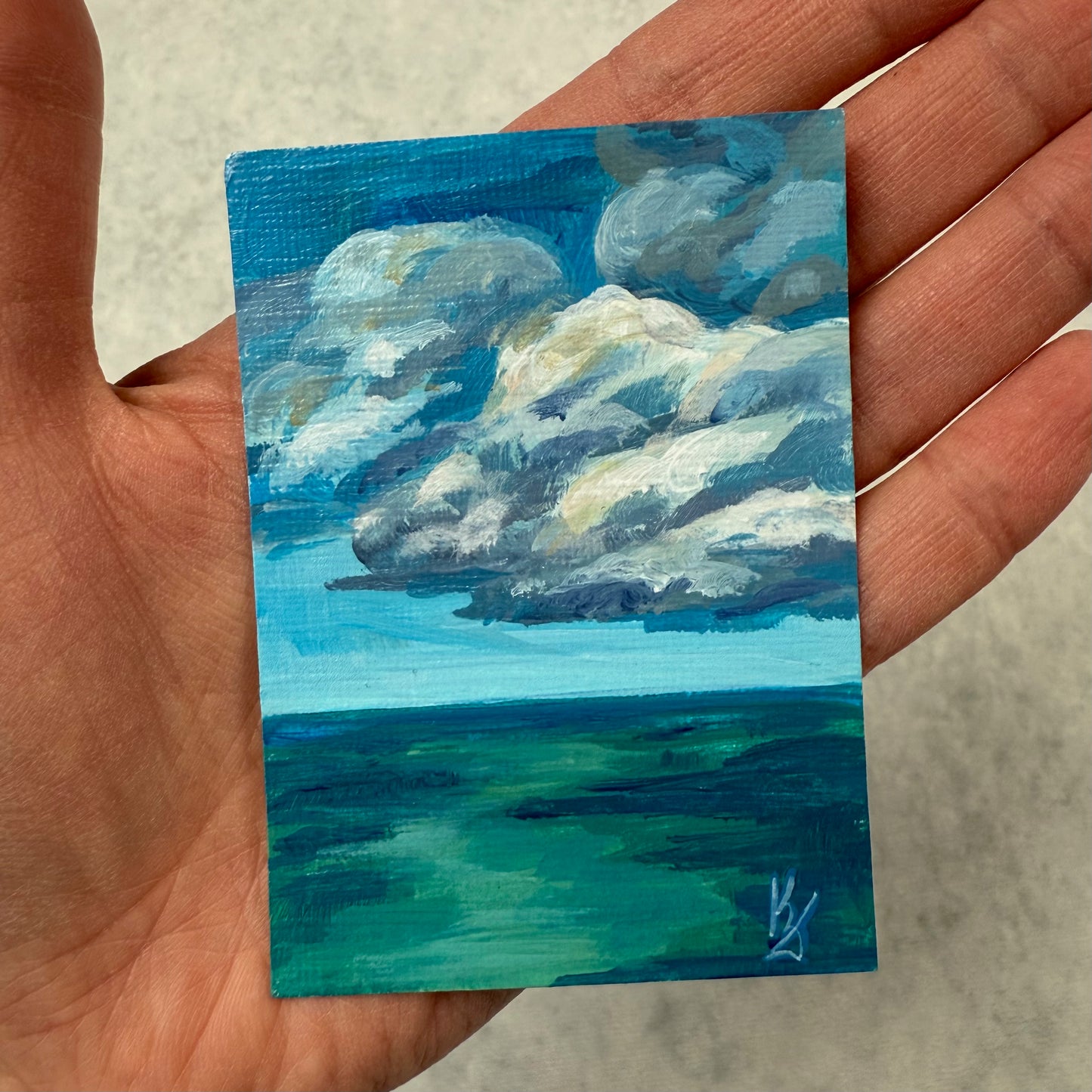 Clouds shadow. Teal. 1 Original miniature signed painting, ACEO acrylic, blue, green , collectible