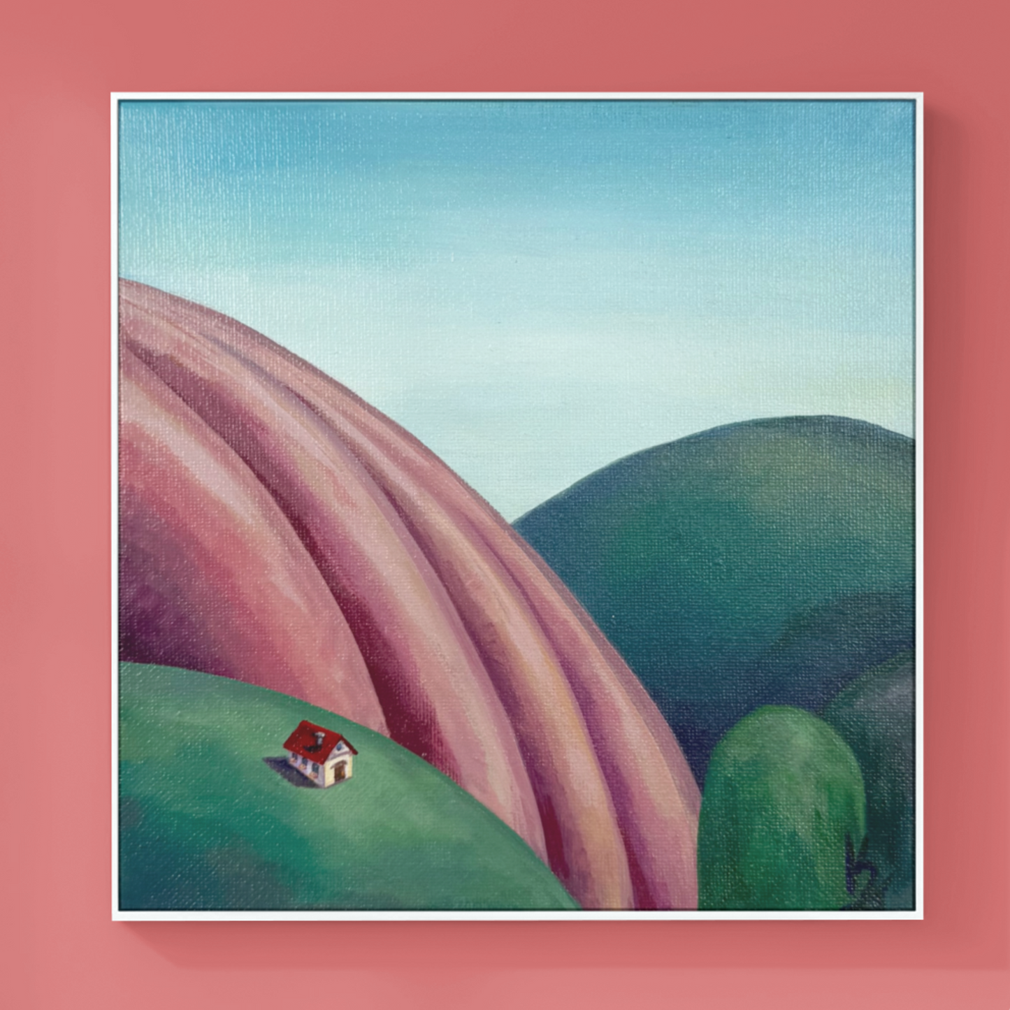 Cozy hills. Tiny house. Pink bloom