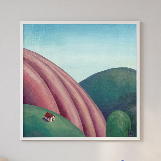 Cozy hills. Tiny house. Pink bloom
