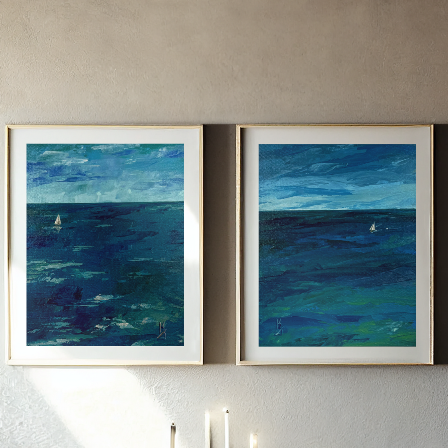 Teal water. Sailboat. Print