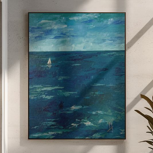 Teal water. Sailboat... Optimistic original abstract  seascape ocean sailboat painting on canvas