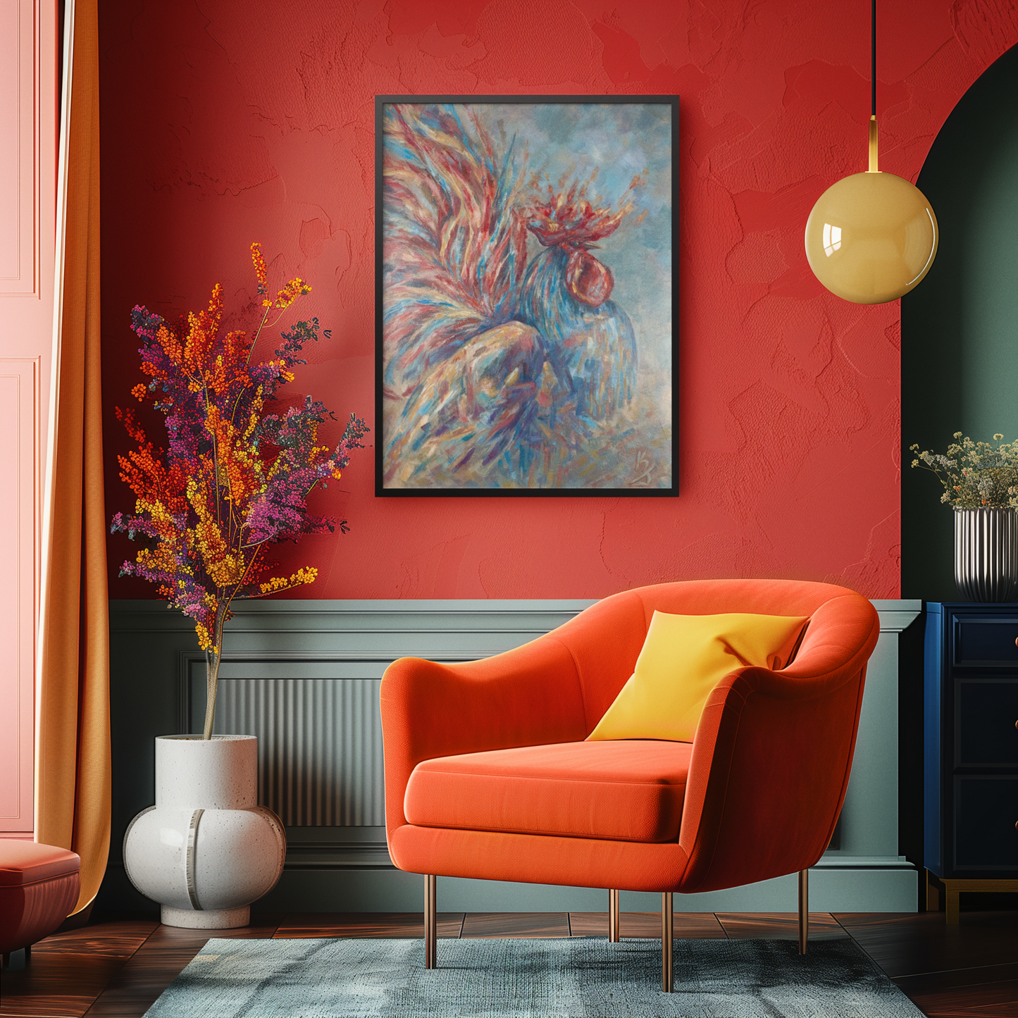 Flaming life. Rooster