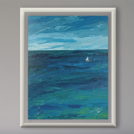 Deep water. Sailboat... Art, wall decor, optimistic original signed abstract seascape ocean sailboat painting on canvas