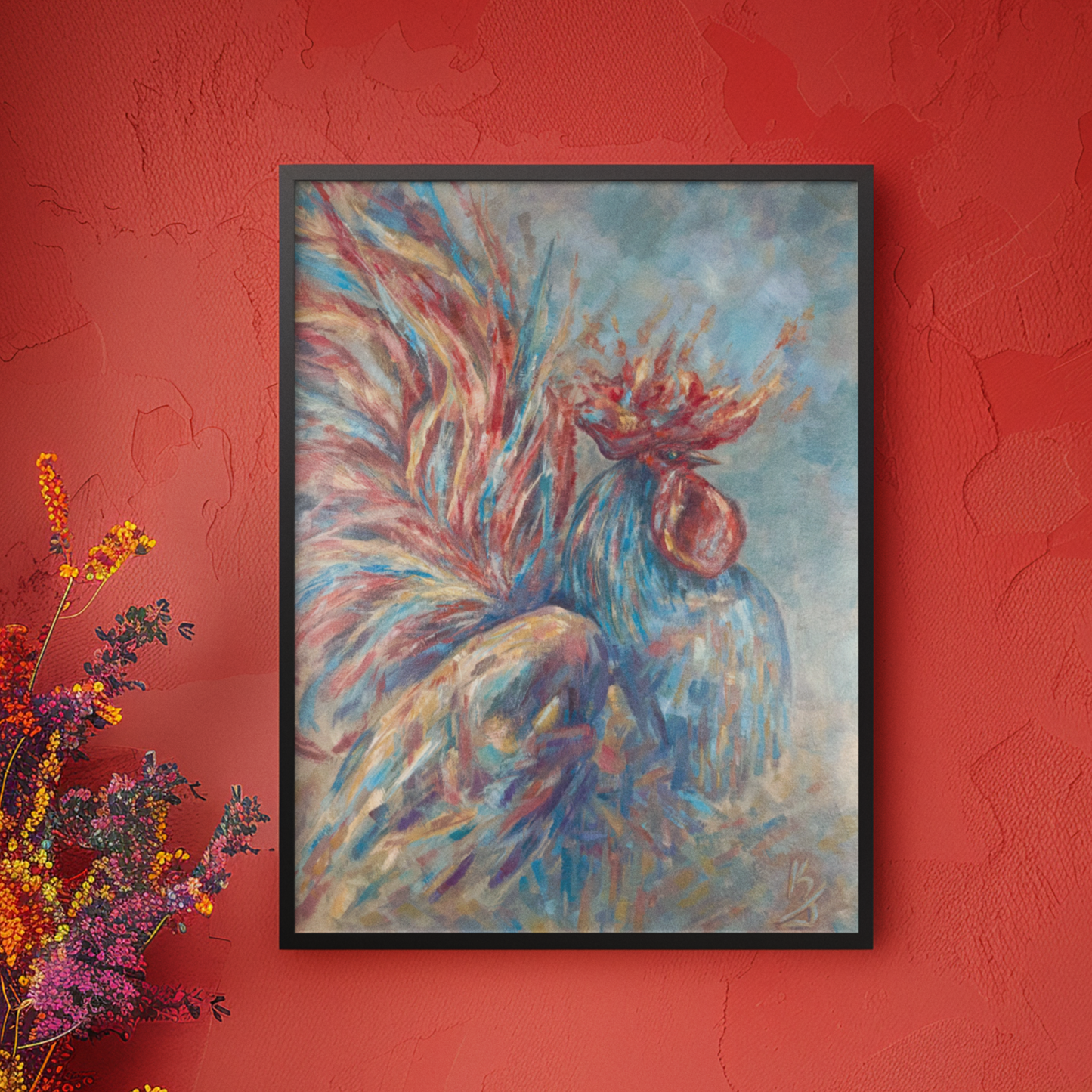 Flaming life. Rooster