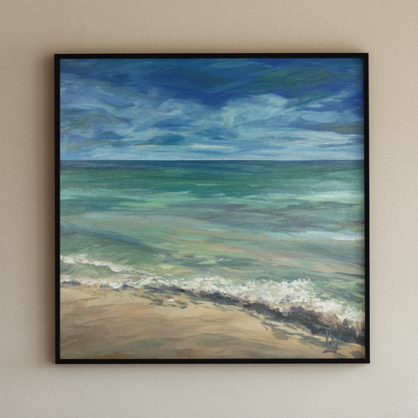 Silky sand. Wall art, decor, original optimistic signed seascape painting on canvas, ocean, shore, beach, blue