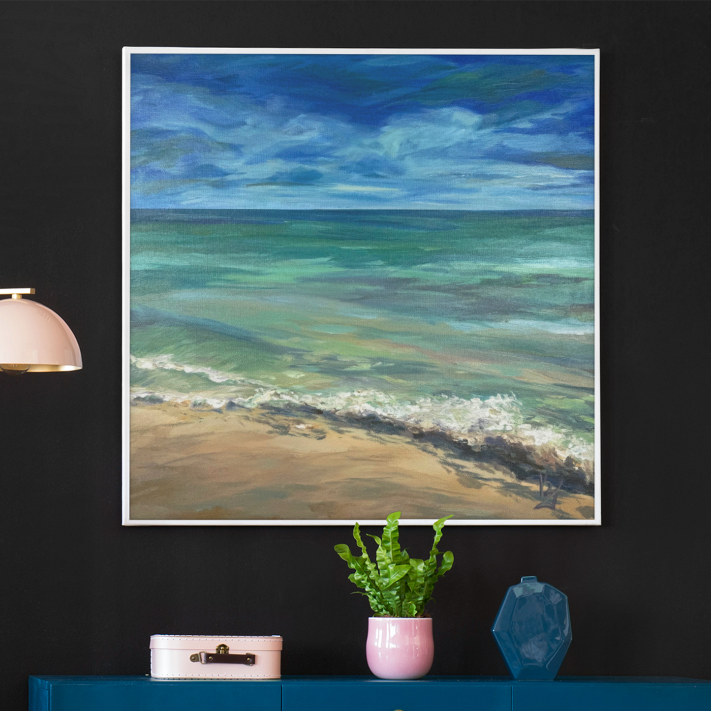 Silky sand. Wall art, decor, original optimistic signed seascape painting on canvas, ocean, shore, beach, blue