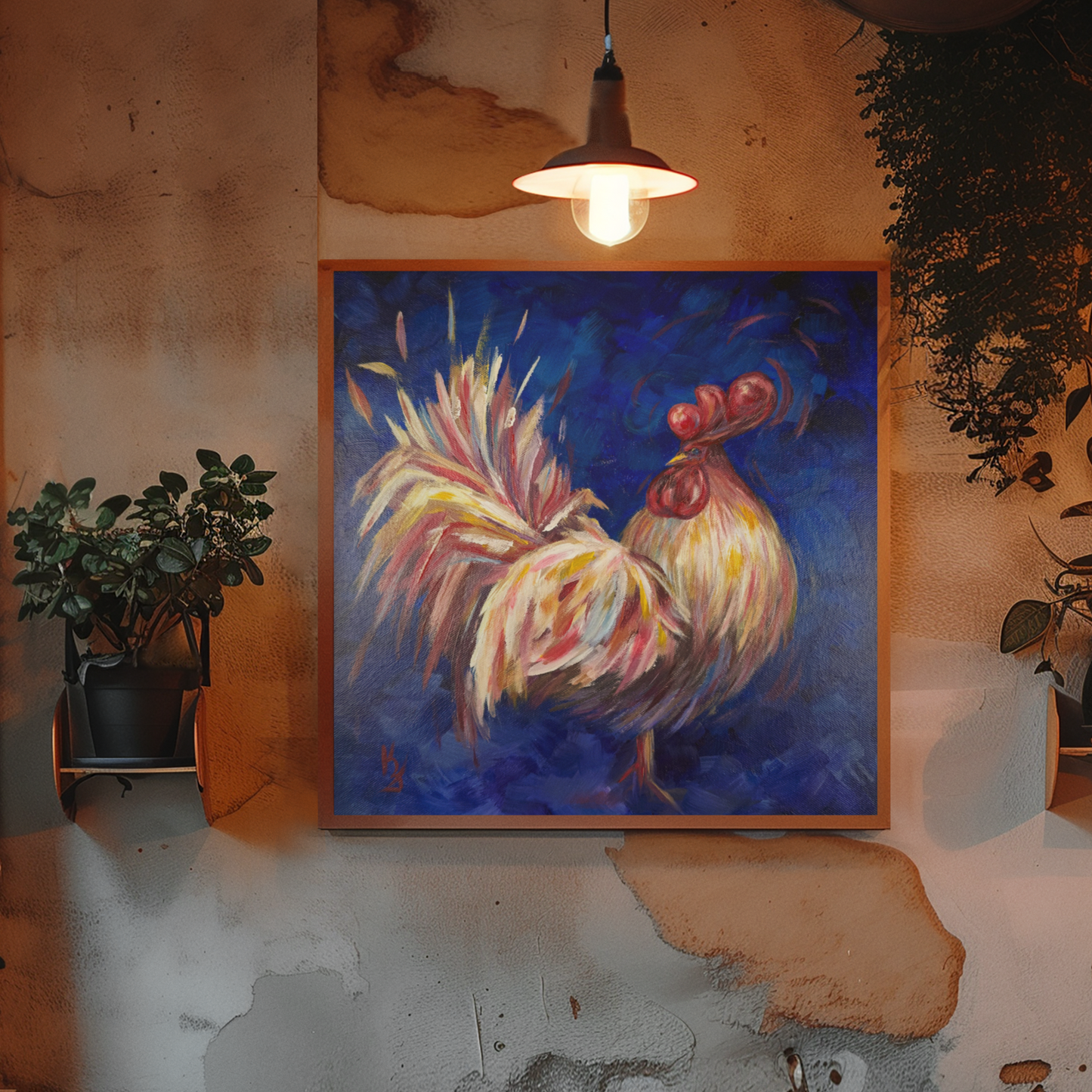 Rooster. Ultramarine. Optimistic Original Painting on Canvas Signed Wall Art Home Decor or Print