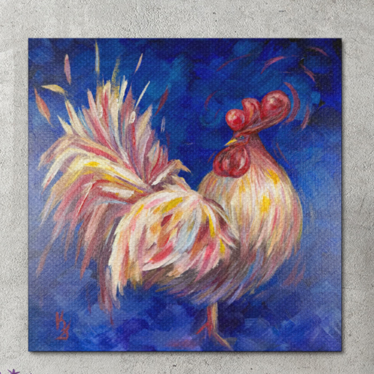 Rooster. Ultramarine. Optimistic Original Painting on Canvas Signed Wall Art Home Decor or Print