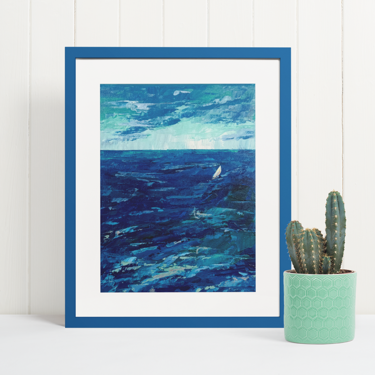 Sailboat. Wall art, set of 2 optimistic original abstract seascape ocean sailboat signed paintings on canvas, nautical decor, blue