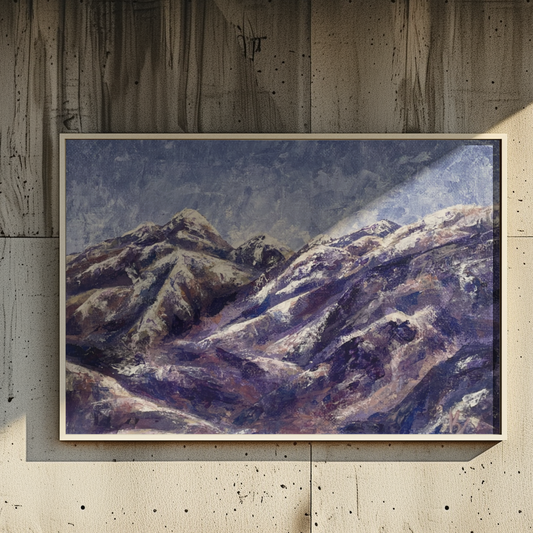 Purple mountains... Art, decor, optimistic original signed landscape painting on canvas