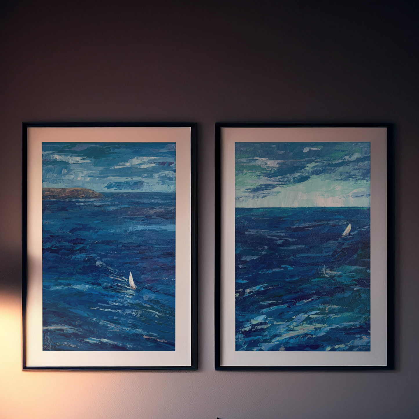 Sailboat. Wall art, set of 2 optimistic original abstract seascape ocean sailboat signed paintings on canvas, nautical decor, blue