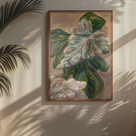 Blushing leaves. Art, wall decor, optimistic original signed abstract tropical leaves painting on canvas