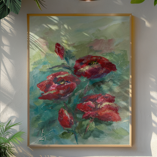 Crimson eustoma blooms. Wall art, optimistic original textured flowers painting on canvas, red, green