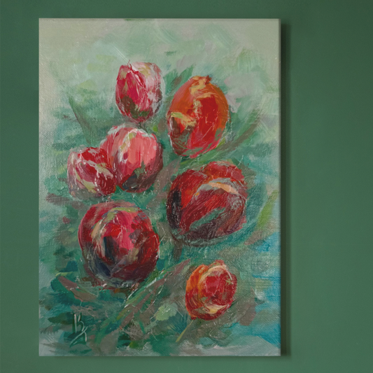 Tulips in red shades. Wall art, optimistic original textured flowers painting on canvas, red, green