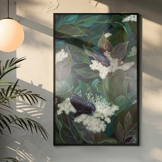 Trail Secrets. Dogwood. Art, decor, optimistic original signed large botanical painting on canvas, green, butterfly