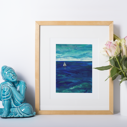 Teal water. Sailboat. Original seascape painting ACEO Original Art ACEO Cards miniature painting collectible art Artist trading cards
