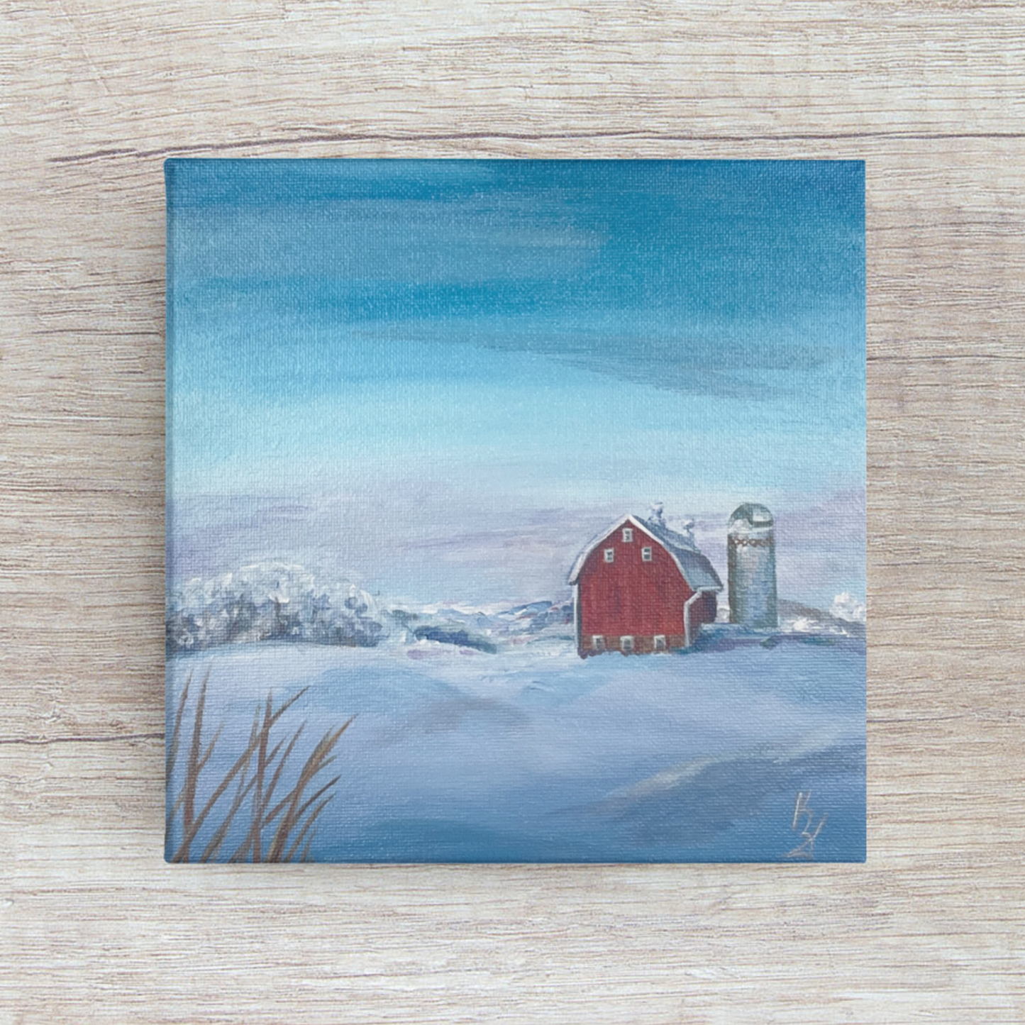 Red Barn in snowy hills. Print